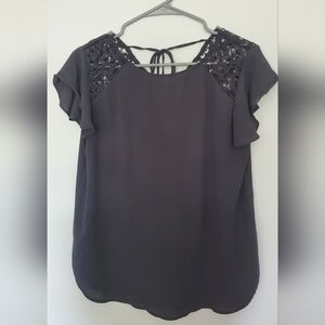 LOFT Grey Blouse with Lace Detail